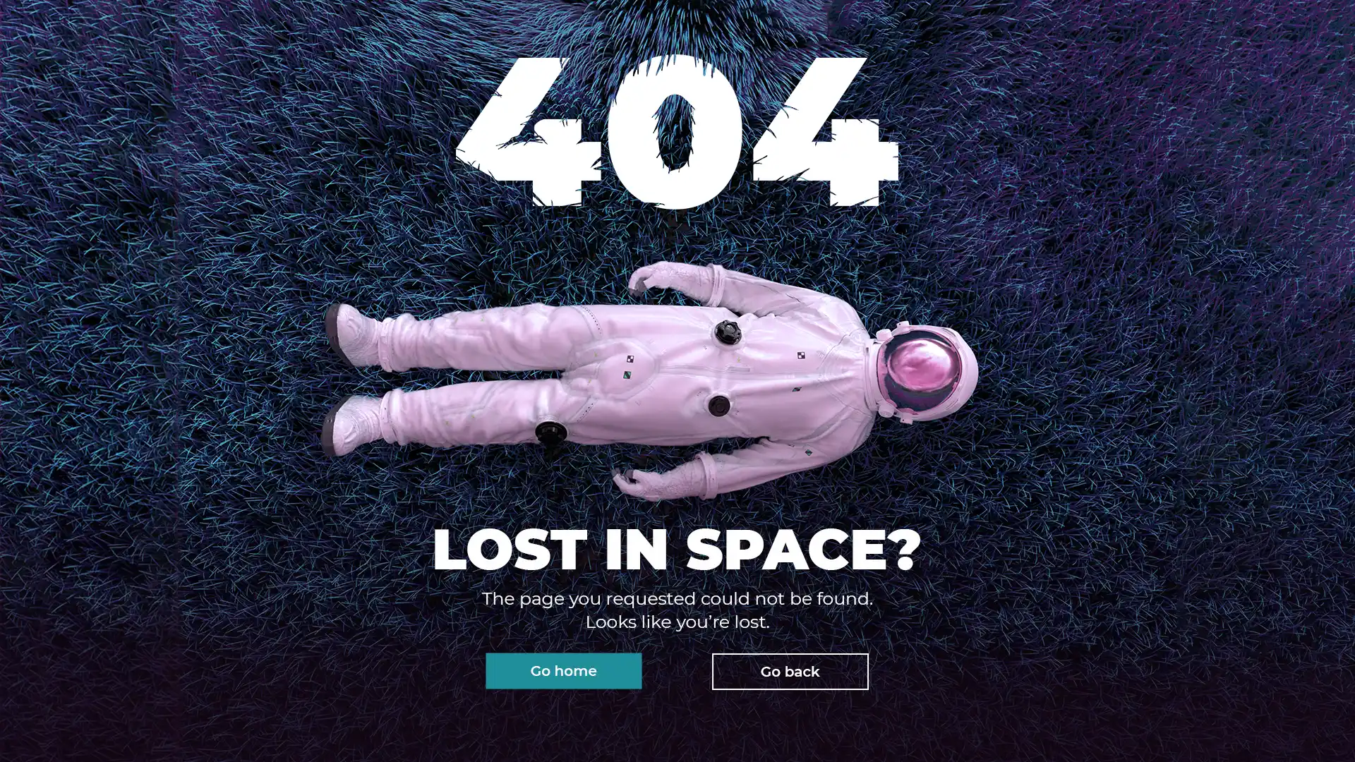 404 error page with a floating astronaut illustration and the text "Lost in Space? The page you requested could not be found."