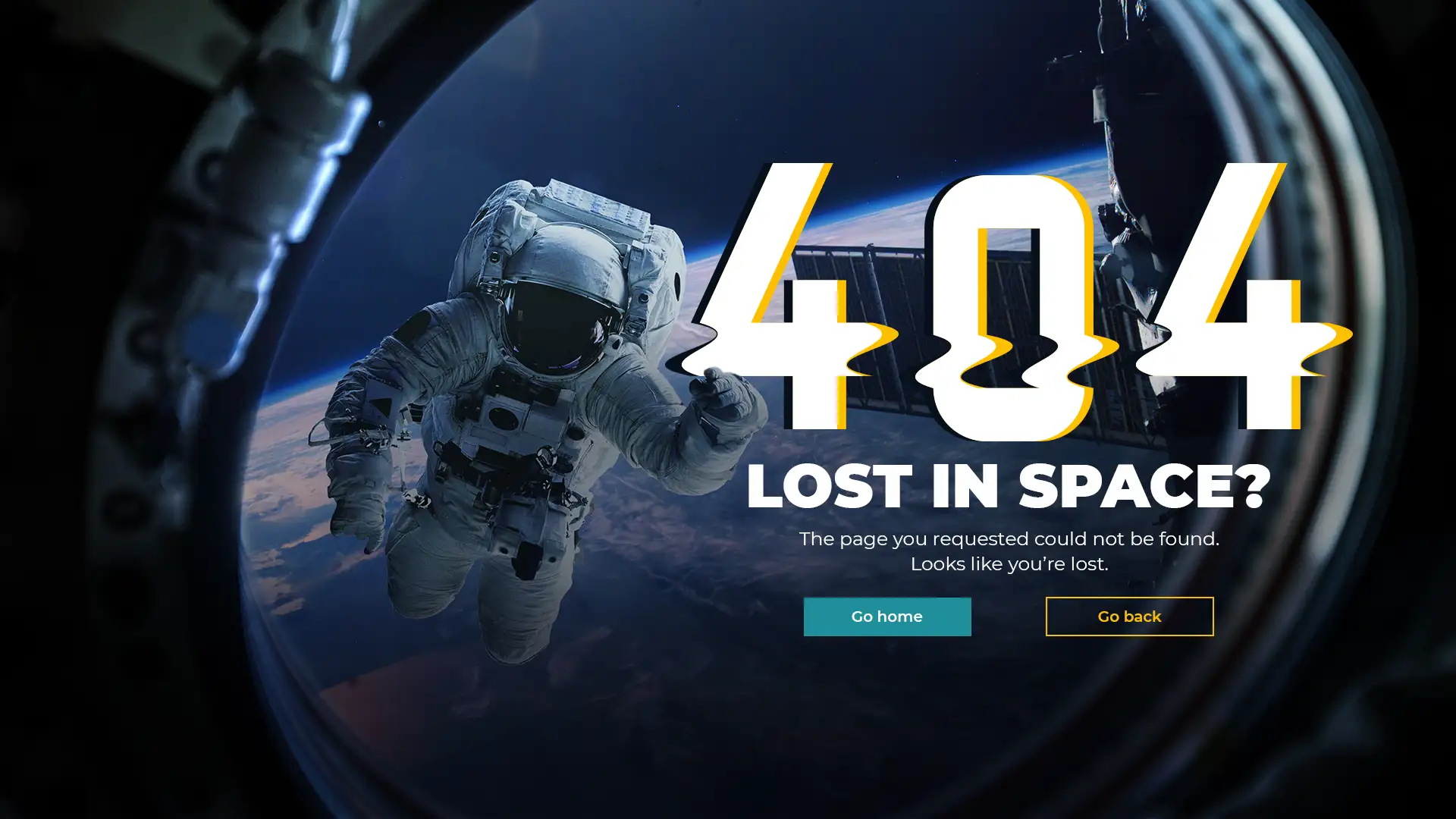 404 error page with an astronaut graphic and the message "Lost in Space? The page you requested could not be found," indicating a missing page.