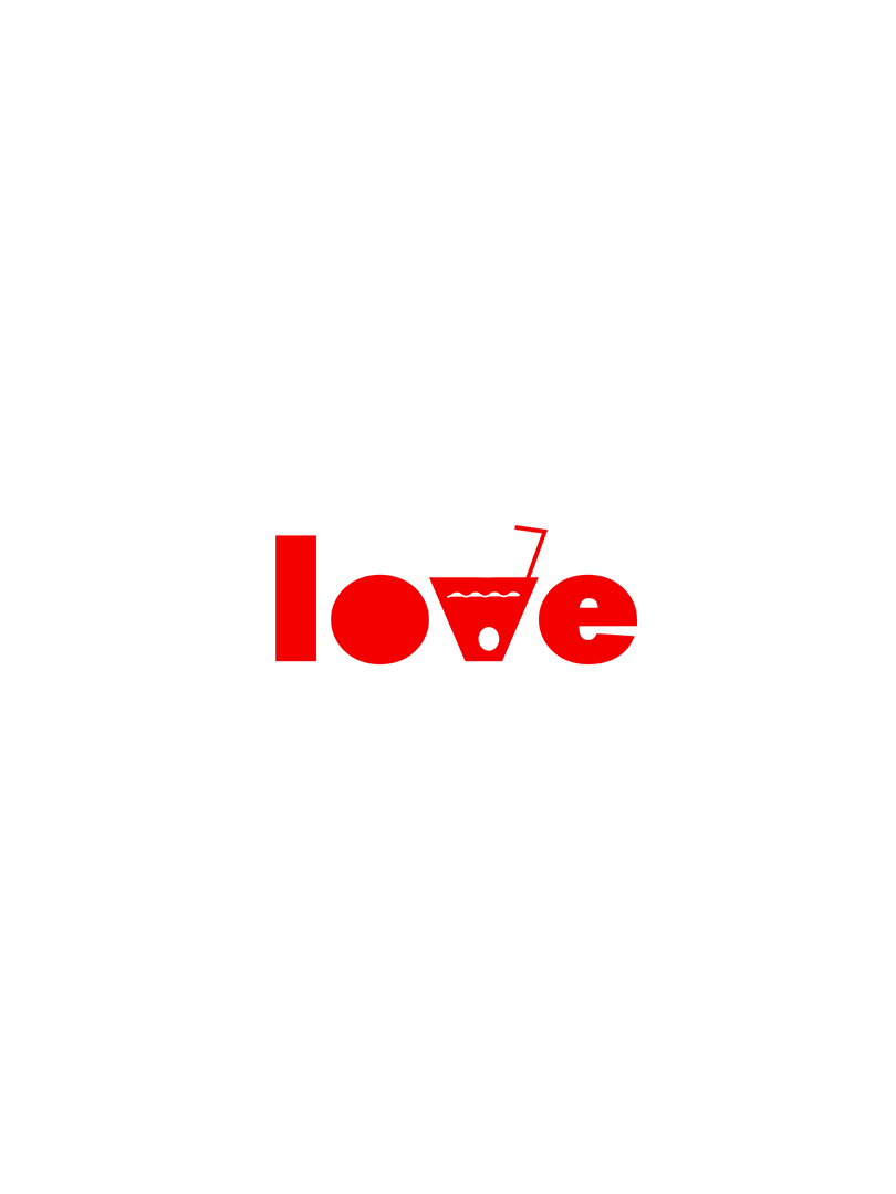 The image shows a creative typographic design of the word 'love' in bright red. The letters 'l', 'o', and 'e' are represented in a standard way, while the letter 'v' is cleverly depicted as a cocktail glass with a straw and some liquid inside. This minimalist yet playful design is featured as part of my motion projects section, showcasing my creative approach to typography, visual design, and motion design.