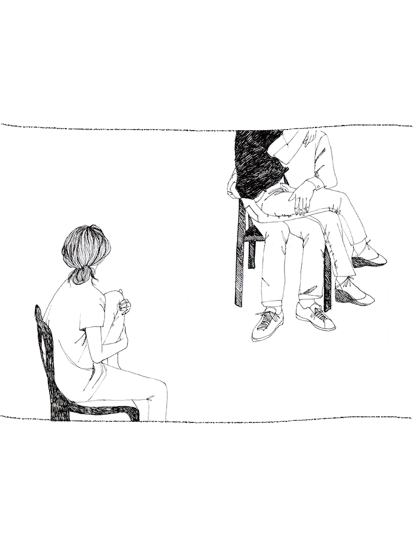 The image features a minimalist black and white line drawing illustration with a poignant scene. In the foreground sits a solitary young woman with her hair in a bun, shown from behind. She appears to be gazing at a couple sitting together in a chair across from her. The couple's bodies are intertwined, creating a stark visual contrast between the lonely individual and the connected pair. The simple, sketch-like quality of my drawing effectively captures the emotional weight of isolation and longing, as the lone figure observes the intimacy she's not part of. This illustration powerfully demonstrates my ability to convey complex emotions through spare, deliberate linework, making it a representation of my artistic sensibilities.