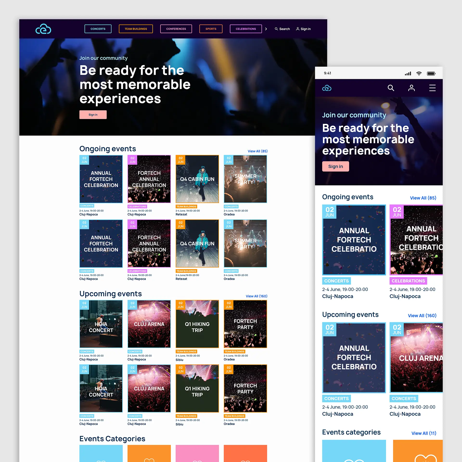 2 screens (desktop and mobile) of the Event App where the user is not logged in to the interface.