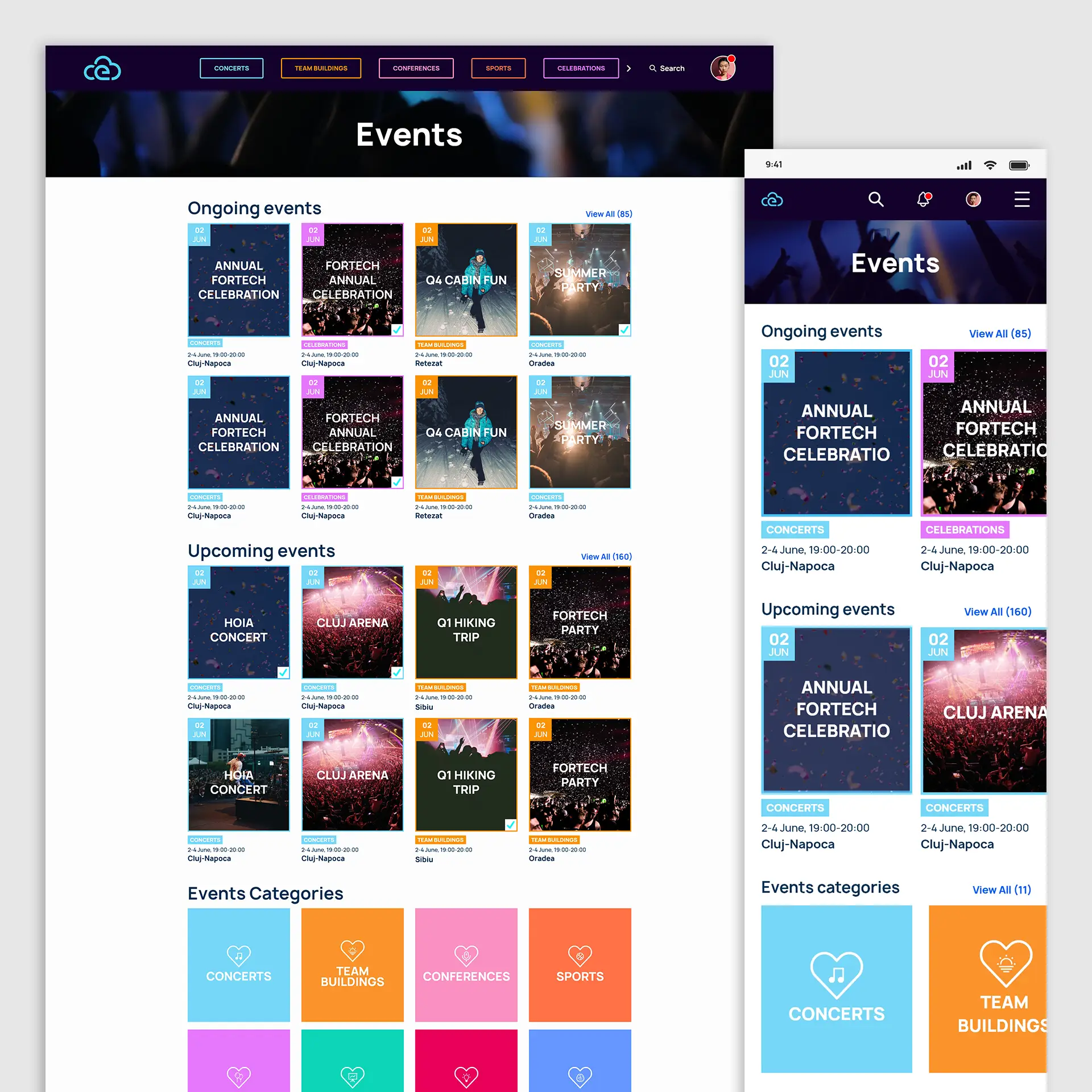 2 homepage screens (desktop and mobile) of the Event App where the user is logged in to the Event App interface.