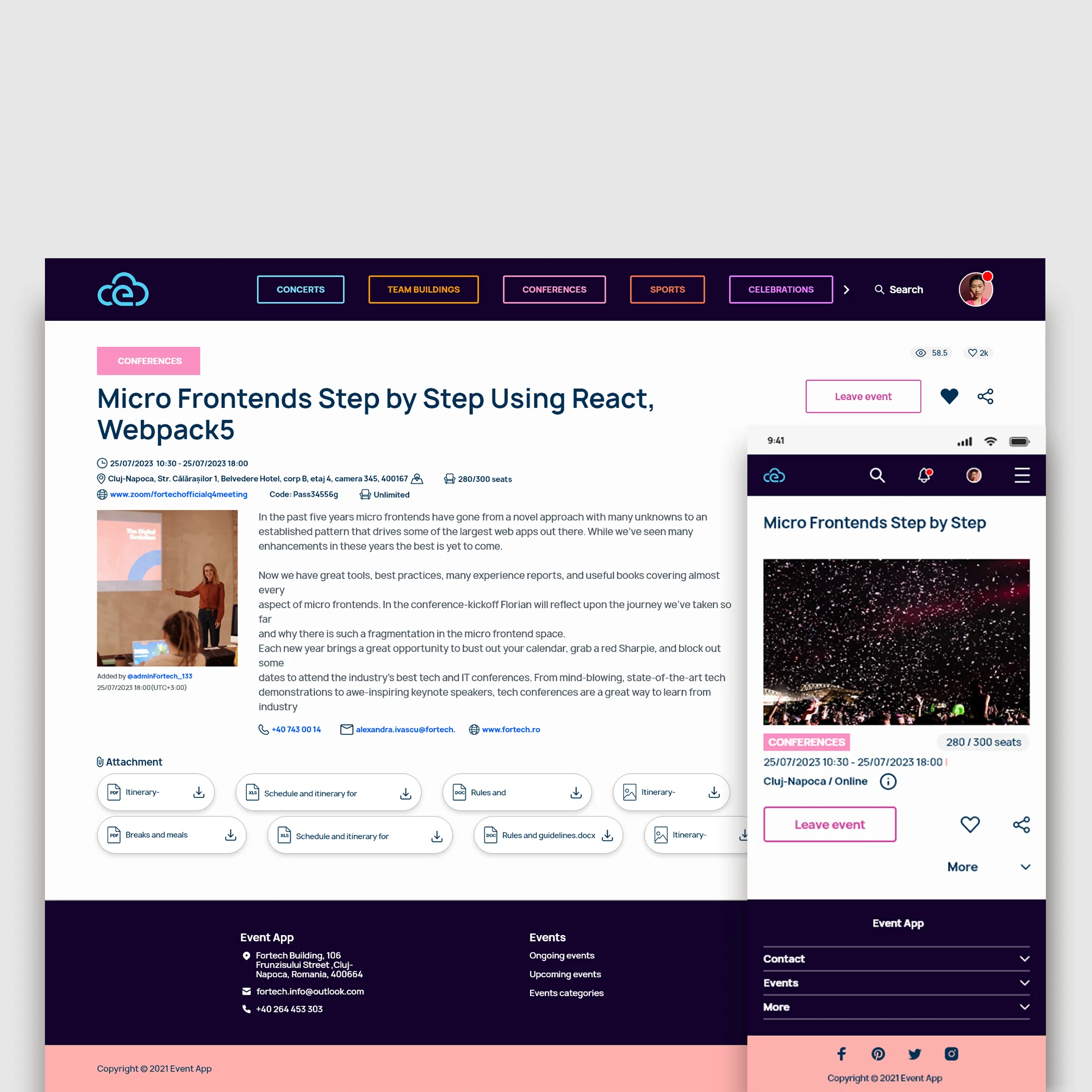 Two screens representing an event description (desktop and mobile) joined by a user. The design presents different features like the option of leaving the event, seeing who's attending the event, the number of seats, address, dates, etc.