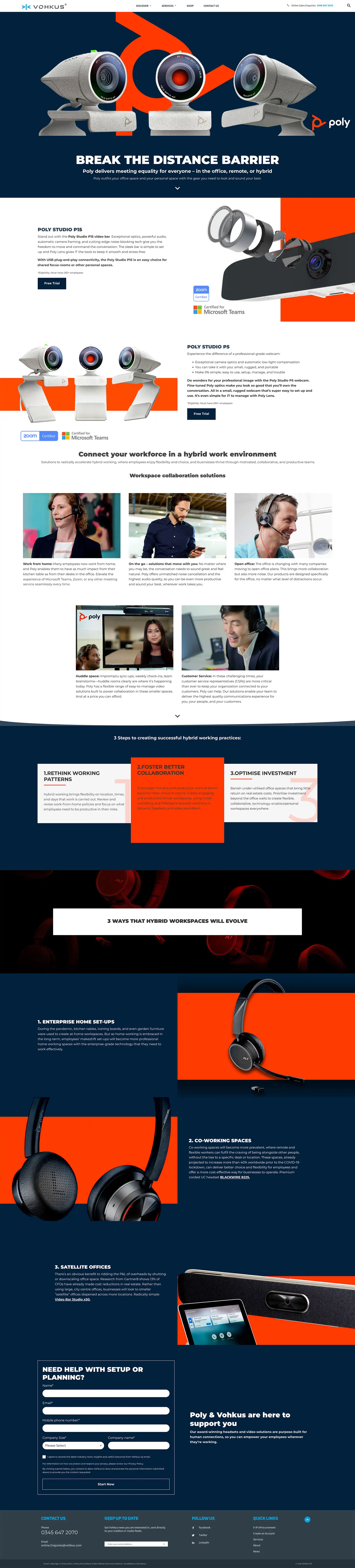 Vohkus Poly Solutions webpage showcasing the Poly Studio P5 and P15, highlighting features like meeting equality and free trials.