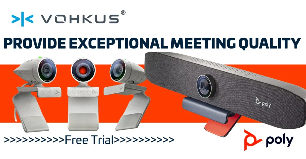 Showcasing the Poly Studio P5 webcam alongside the Poly Studio P15 video bar, both designed to enhance meeting quality, against a clean white background with orange highlights and branding.