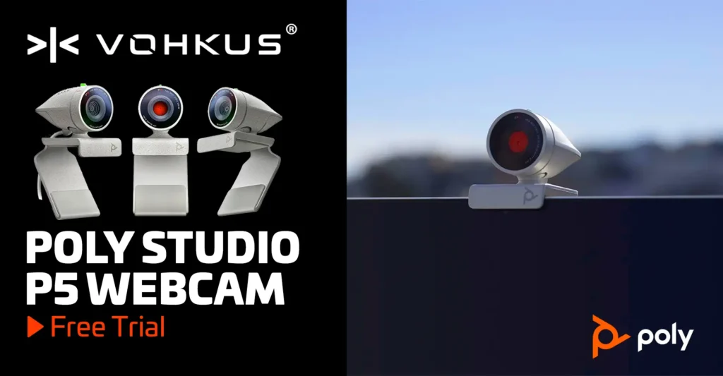 Comparison of the Poly Studio P5 webcam: product view on white (left) and in-use on a monitor (right), highlighting its compact design and functionality.
