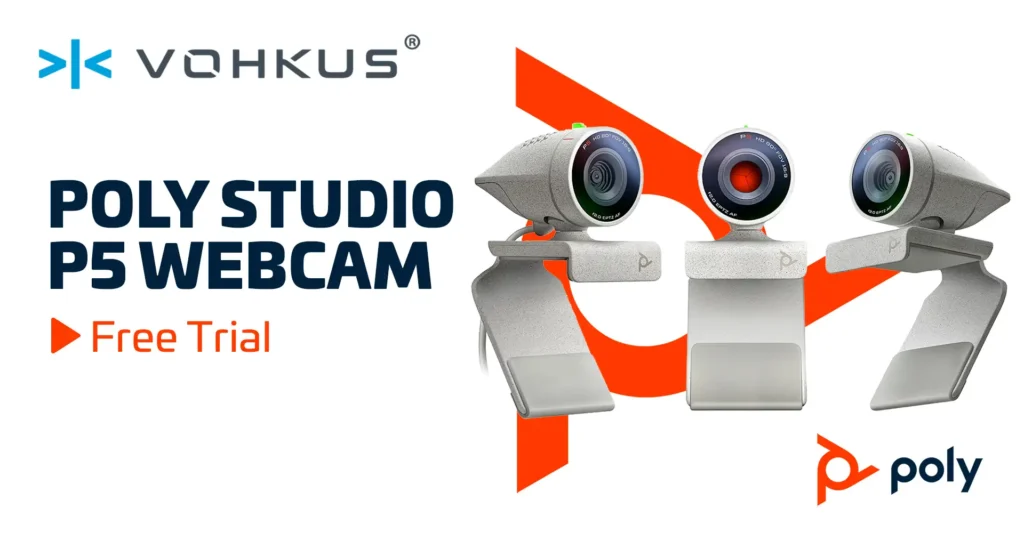 Three Poly Studio P5 webcams are shown in a row, angled slightly, against a white background with orange accents.