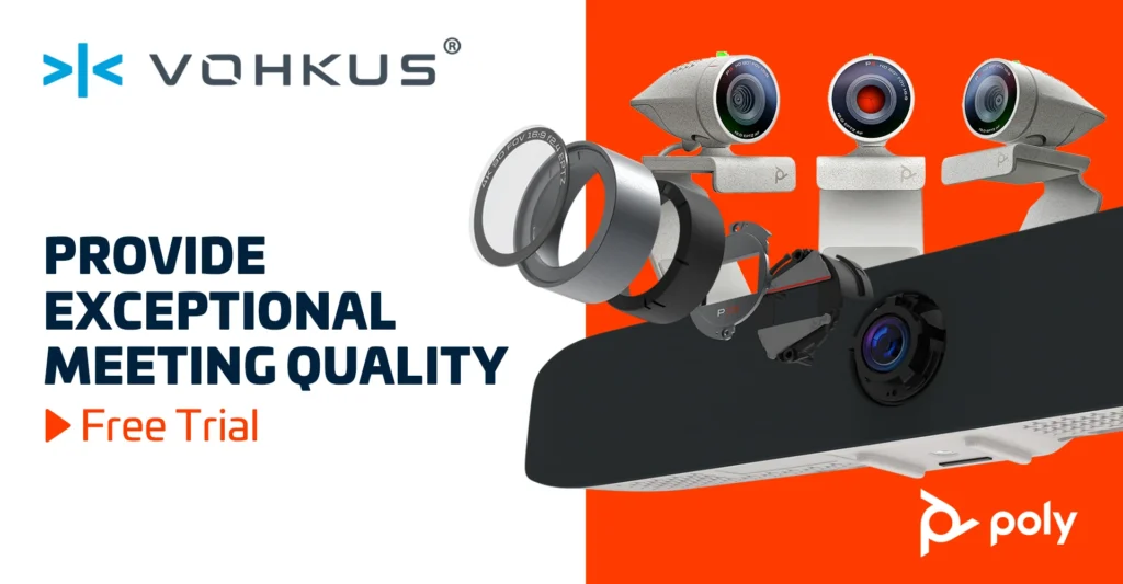 A Poly Studio P15 video bar is featured in an exploded diagram showcasing its internal components, with fully assembled units visible in the background, all against a clean white backdrop with Vohkus and Poly branding.