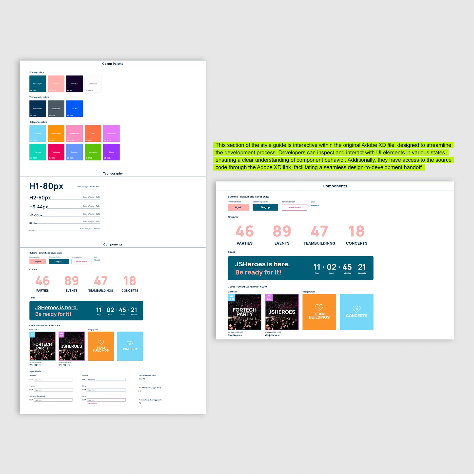 A style guide that includes font styles, components, and color palettes.