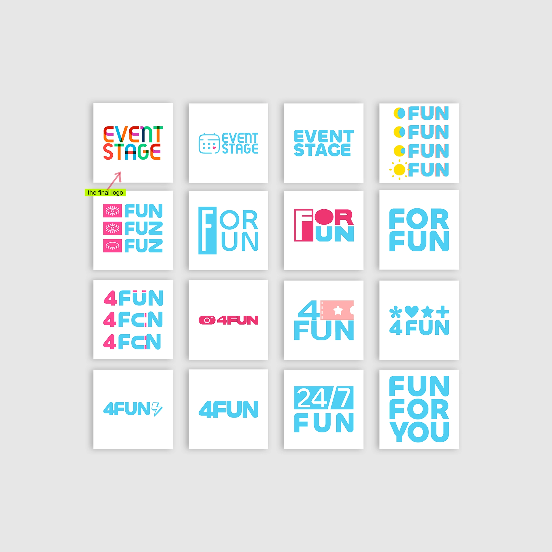 A display of 16 versions of logos for the Event App, signaling the chosen logo.