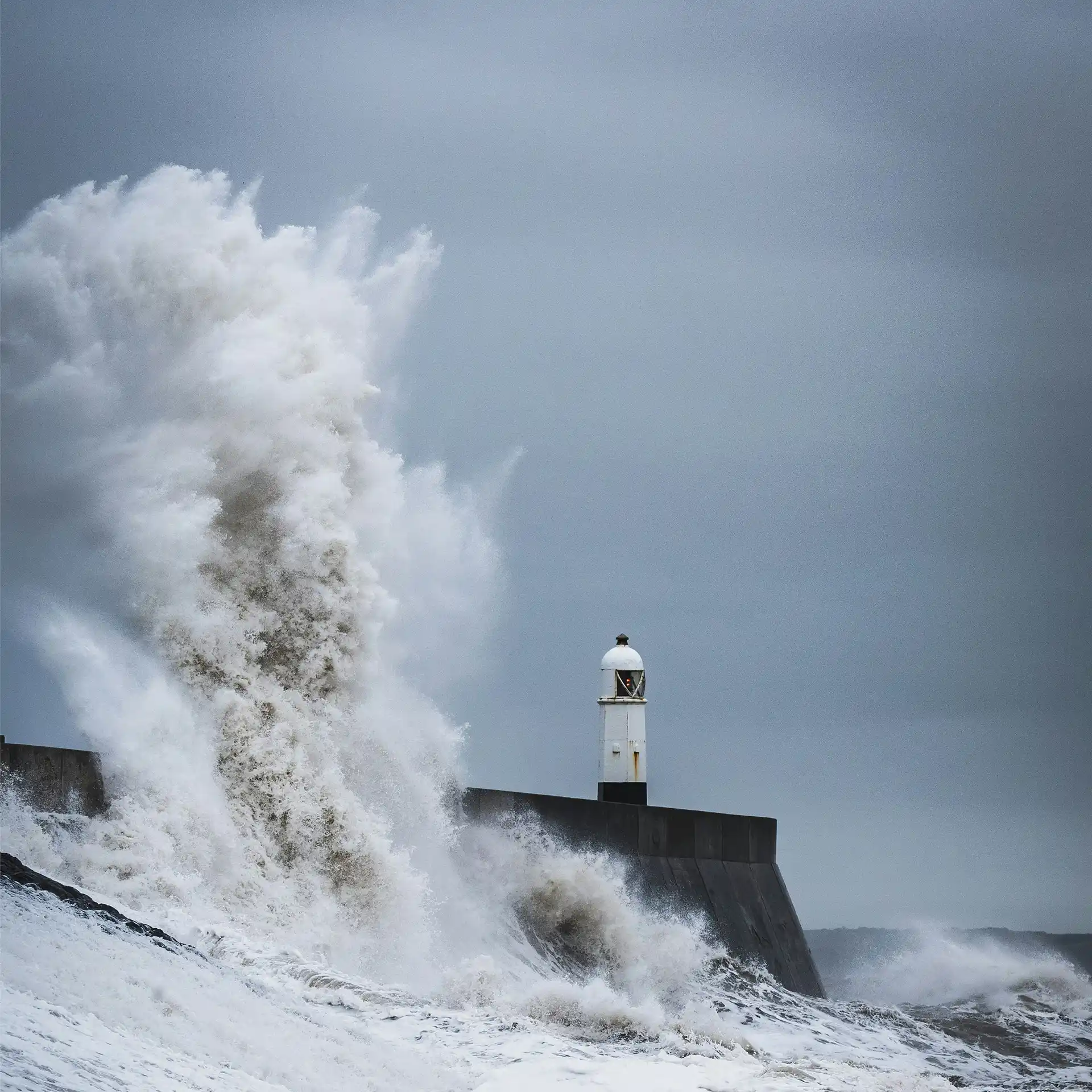A powerful surge of water engulfs a lighthouse on a breakwater, with dark rocks visible in the foreground and a cloudy sky above.
