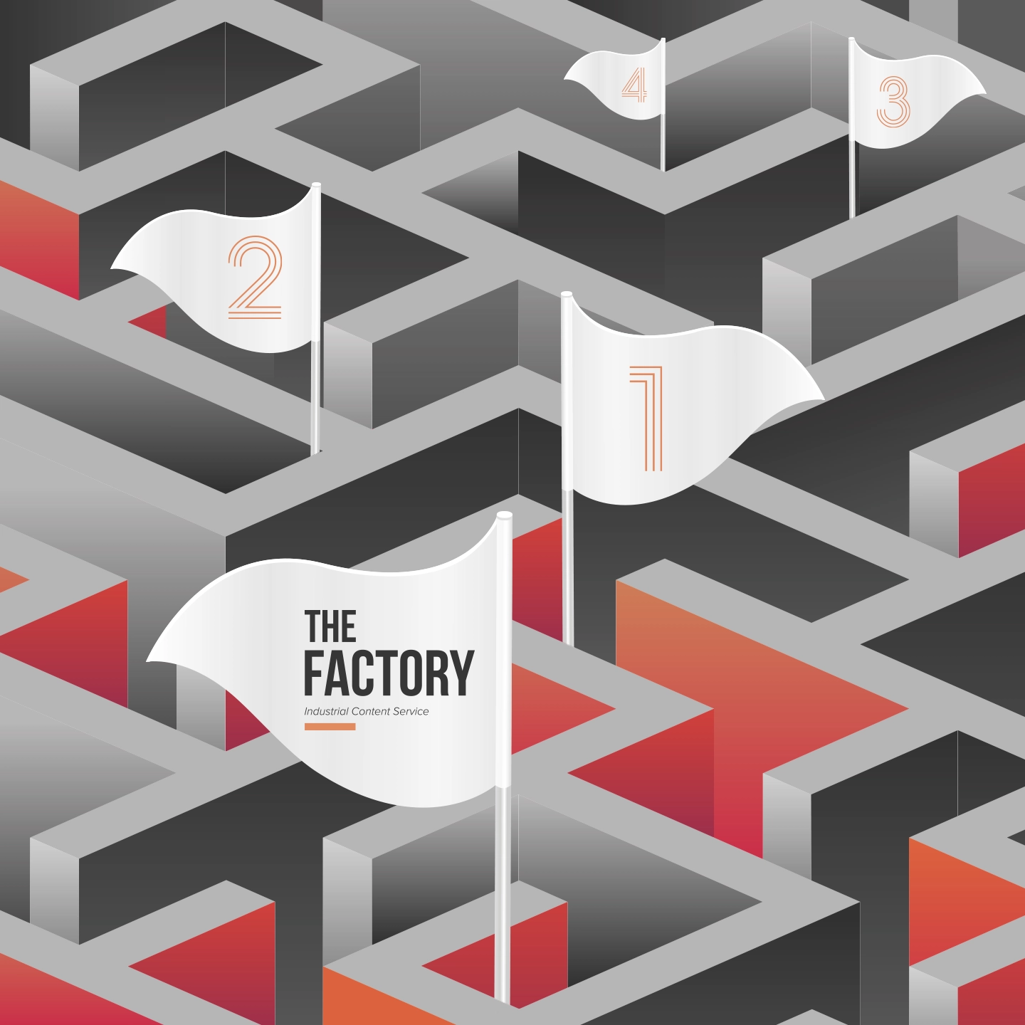 Visual representation of a complex journey. A maze with gray walls and orange accents has a starting point marked by The Factory logo flag and numbered checkpoints 1-4.