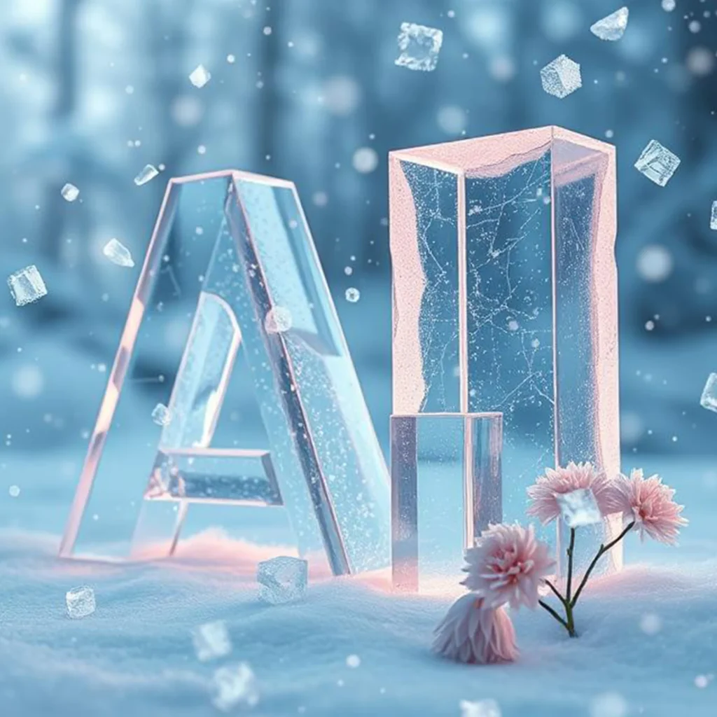 A magical and surreal image depicting the 'cons' of AI, set in a harsh winter environment amidst a blizzard with small ice flakes.