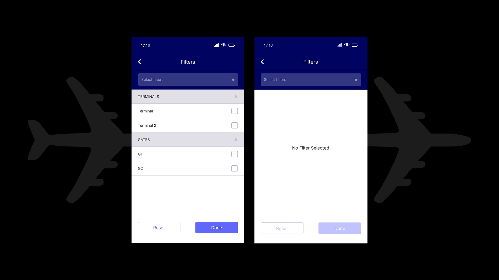 The screen I redesigned: the filters screen, which displays filter options for terminals and flight types.
