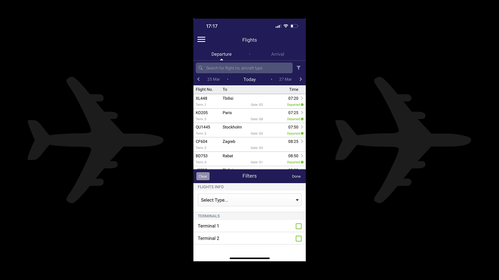 Original app screen: Filters screen showing filter options for terminals and flight types.