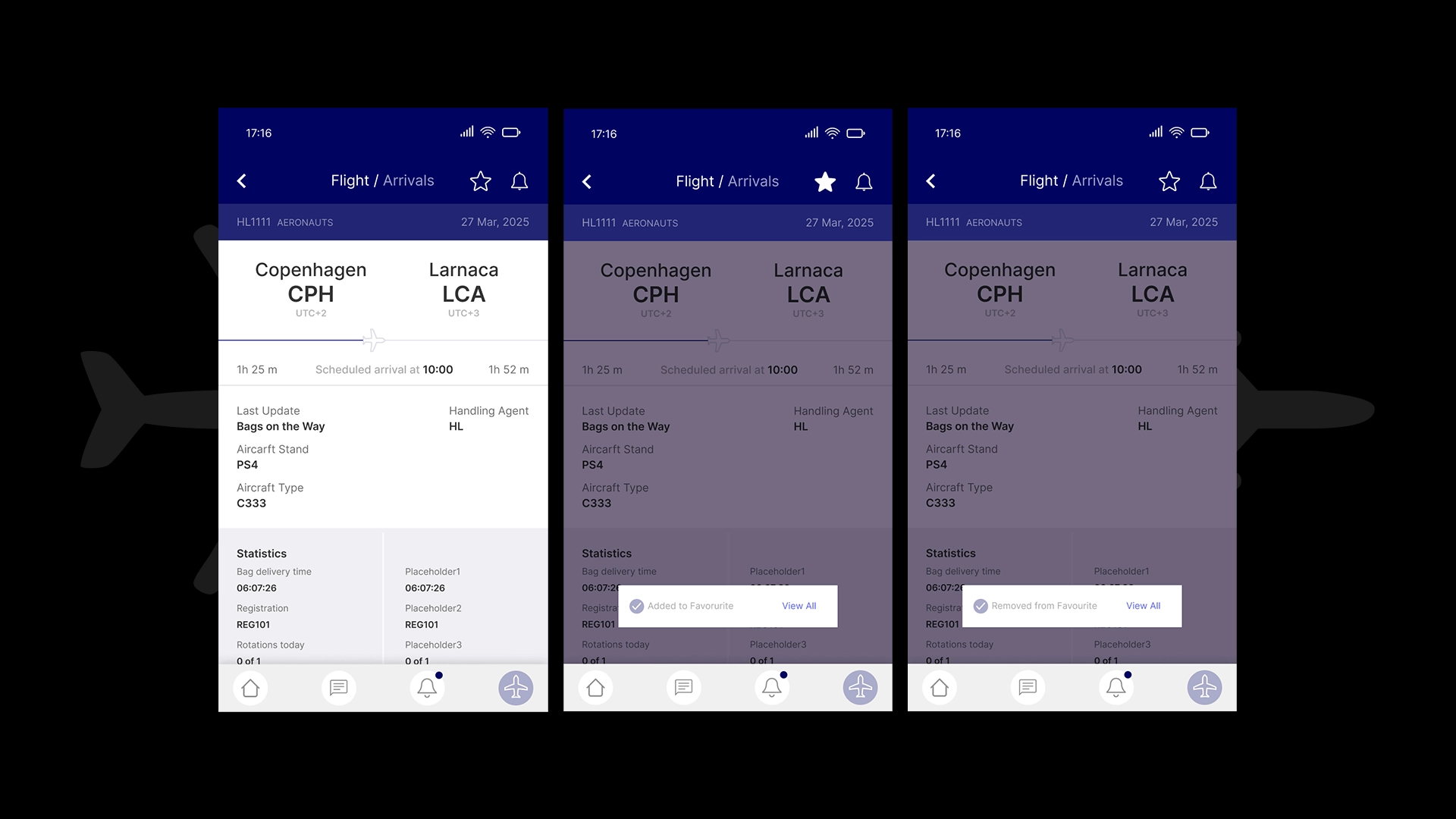 The redesigned flight details screen for the AirportLabs app, featuring a cleaner layout, a clear 'Flight / Arrivals' title, repositioned action icons, and a new visual flight timeline.