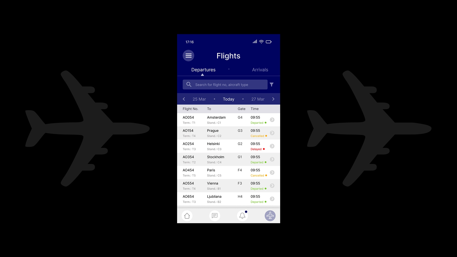 The screen I redesigned: The AirportLabs app's flights list displays departures with their destinations, gates, and terminals.