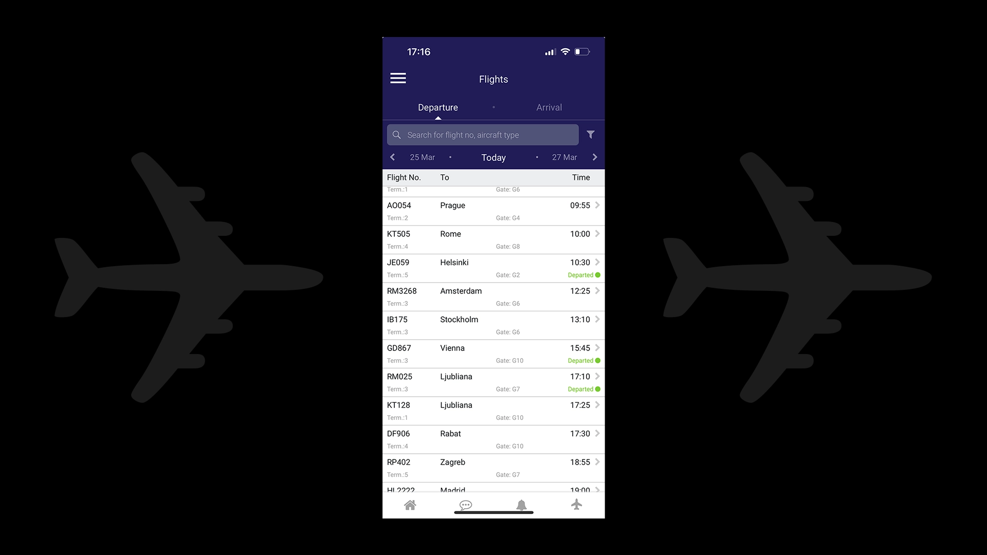 Original app screen: The AirportLabs app's flights list displays departures with destinations, gates, and terminals.