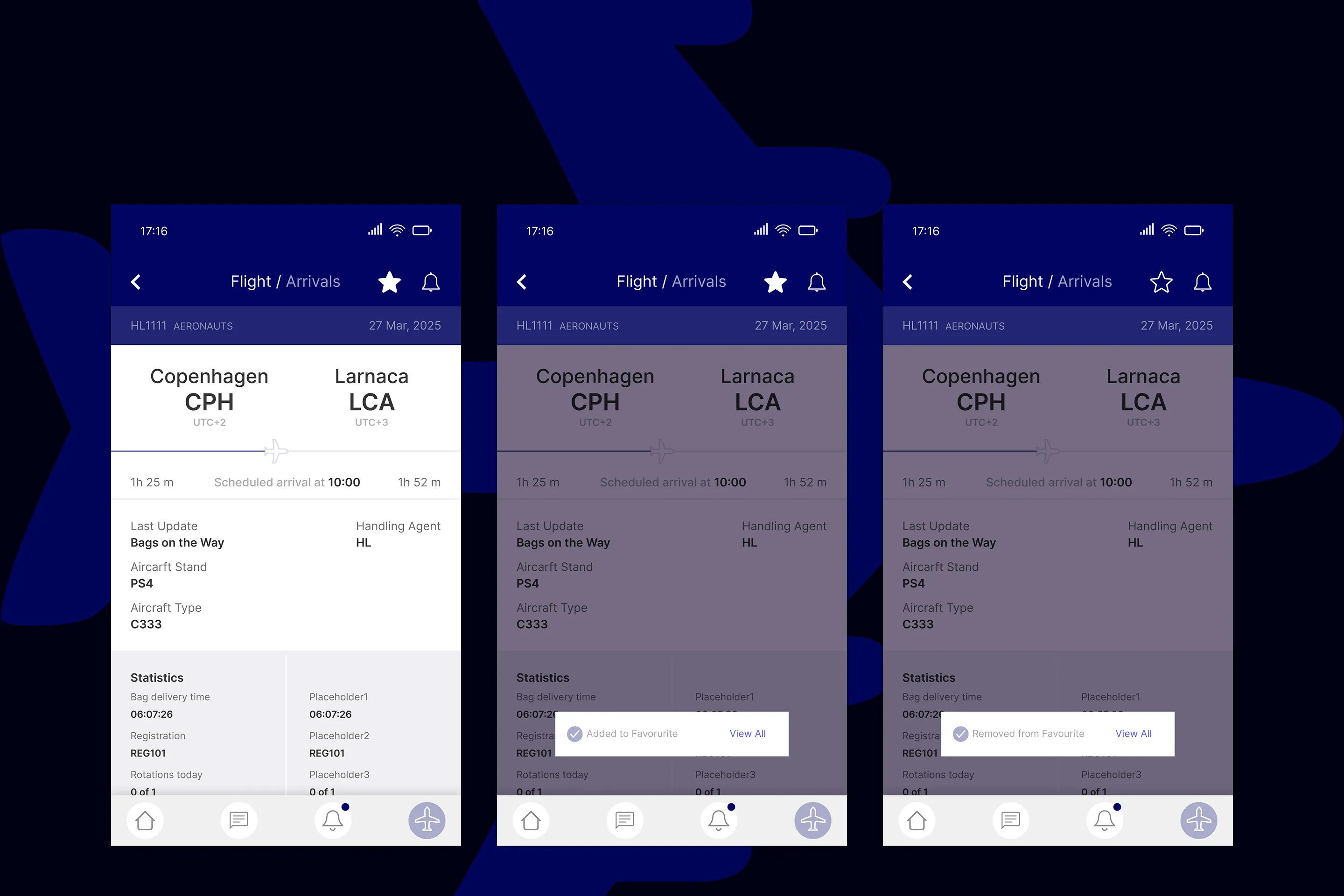 The redesigned flight details screen for the AirportLabs app, featuring a cleaner layout, a clear 'Flight / Arrivals' title, repositioned action icons, and a new visual flight timeline.