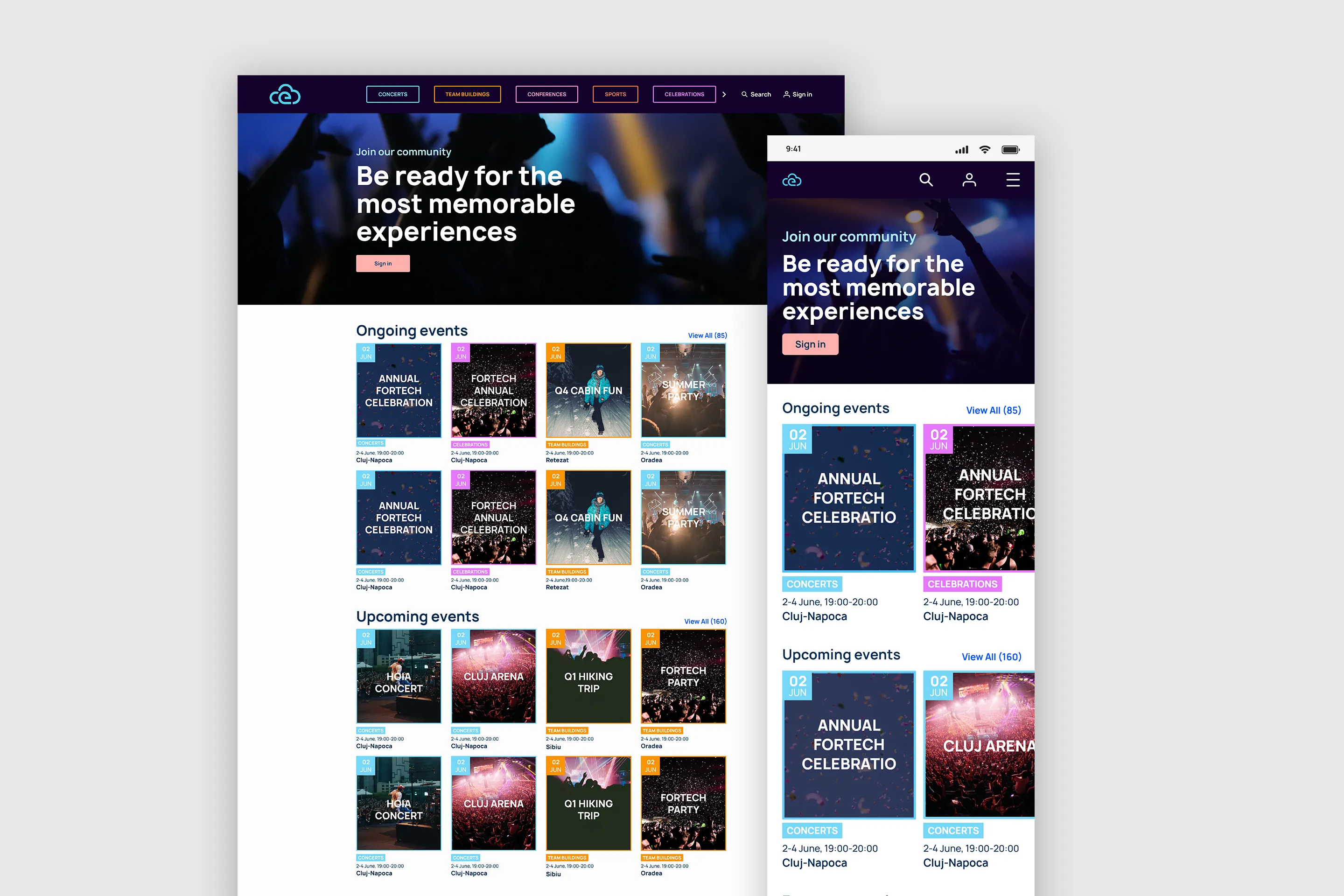 2 screens (desktop and mobile) of the Event App where the user is not logged in to the interface.