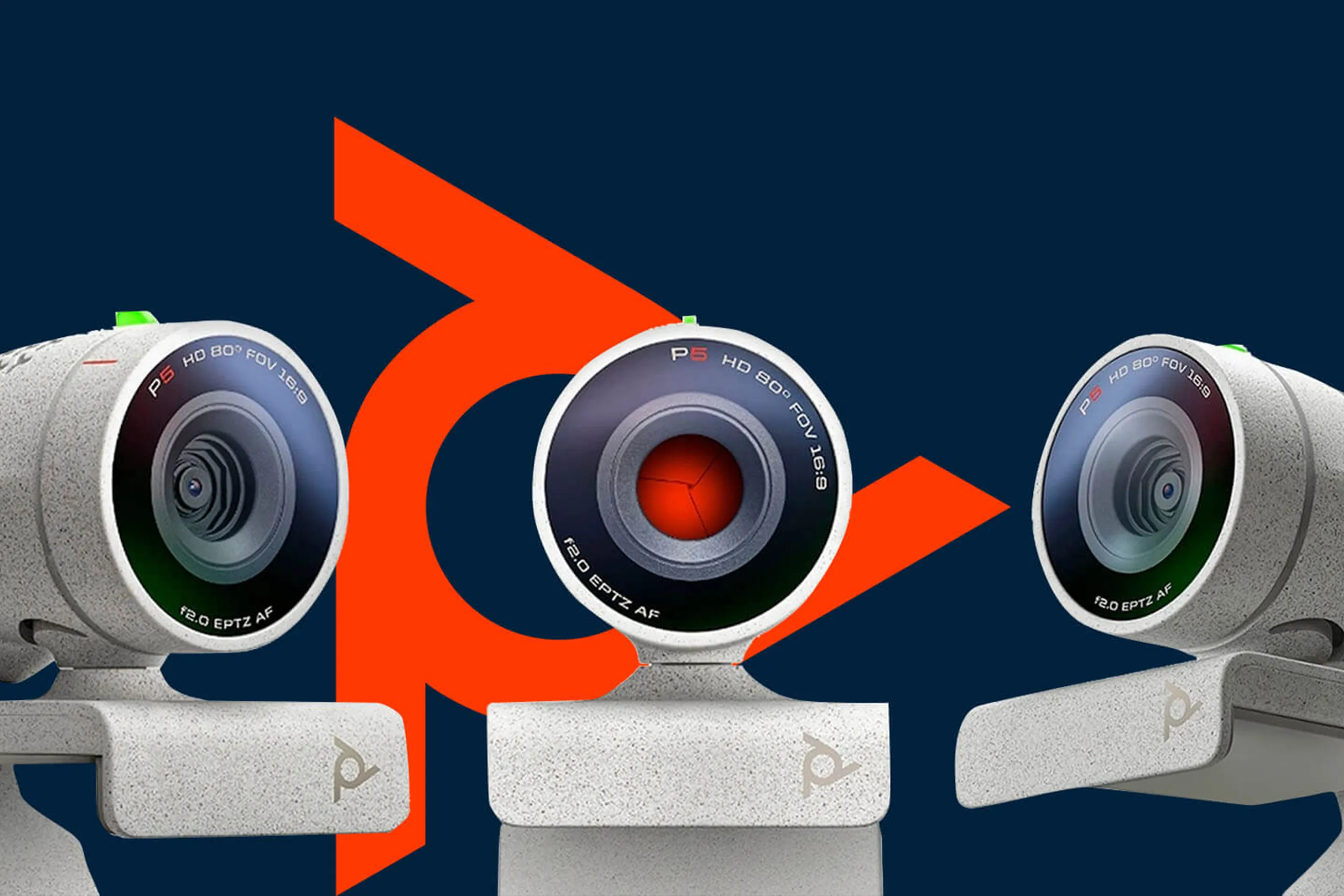 A banner of the Poly Studio P5 webcam, with three units showcased against a bold, modern backdrop of dark blue and orange.
